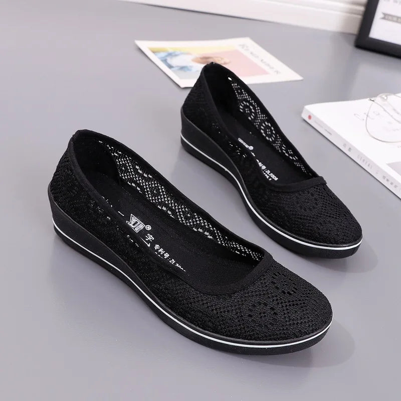 Lace Hollow Breathable Shoes Flat Mid Wedge Heel Women's Summer Beauty Shoes Size 34-41