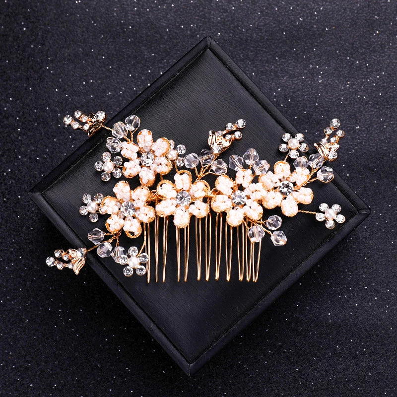 Gold Color Crystal Pearl Hair Comb Headband For Women Bride Party Bridal Wedding Hair Accessories Jewelry Comb Headband