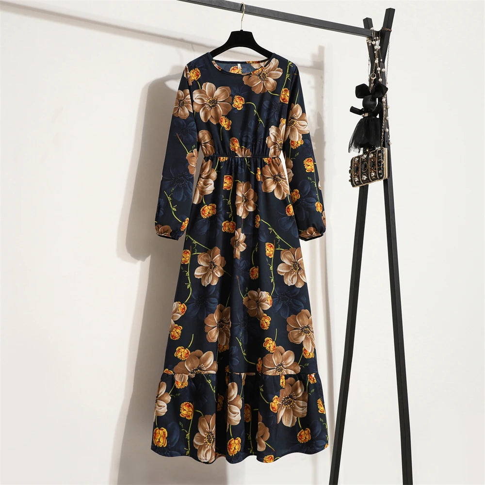Spring Summer Women Maxi Dresses Casual Full Sleeve Floral Printed O-neck Woman Boho Beach Party Long Dress