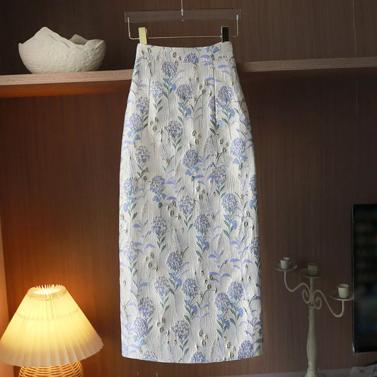 Hollow Out Irregular  Vintage Flower Oil painting High-waist Skirt