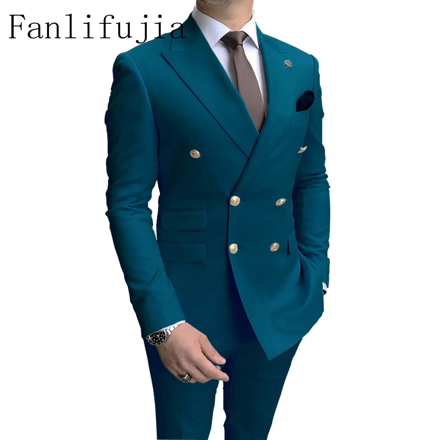 Men's Party Tuxedos 2 Pieces Latest Peak Lapel Men Suits Gold Buttons Fashion Style Suits Double Breasted