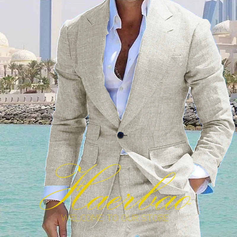 Summer Men's Linen Suit Set of 2 Wedding Groom Tuxedo Formal Lapel Jacket Pants Fashion Tailored Blazer for Men
