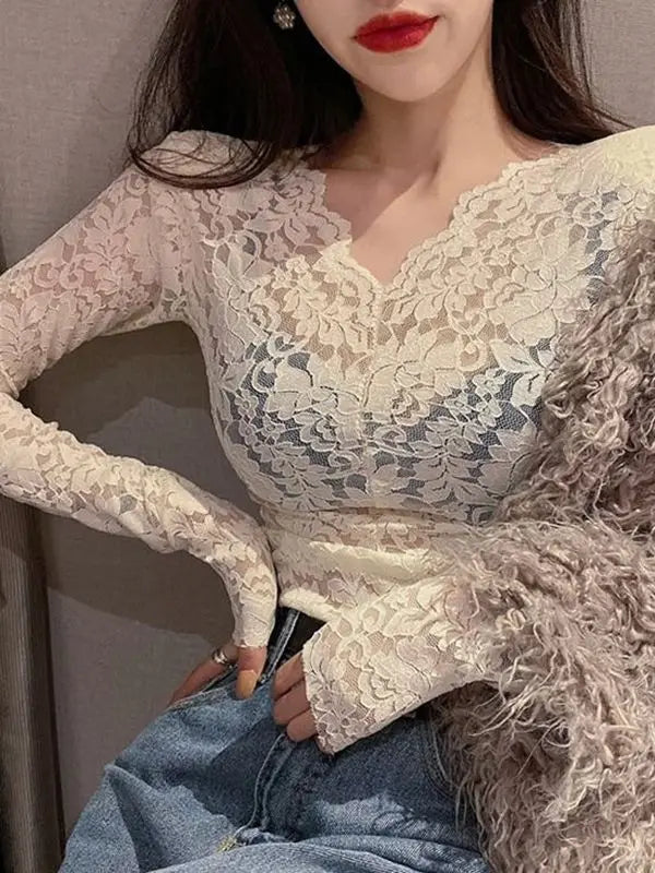 Lace Blouses  Casual Long Lace Sleeve V-Neck
