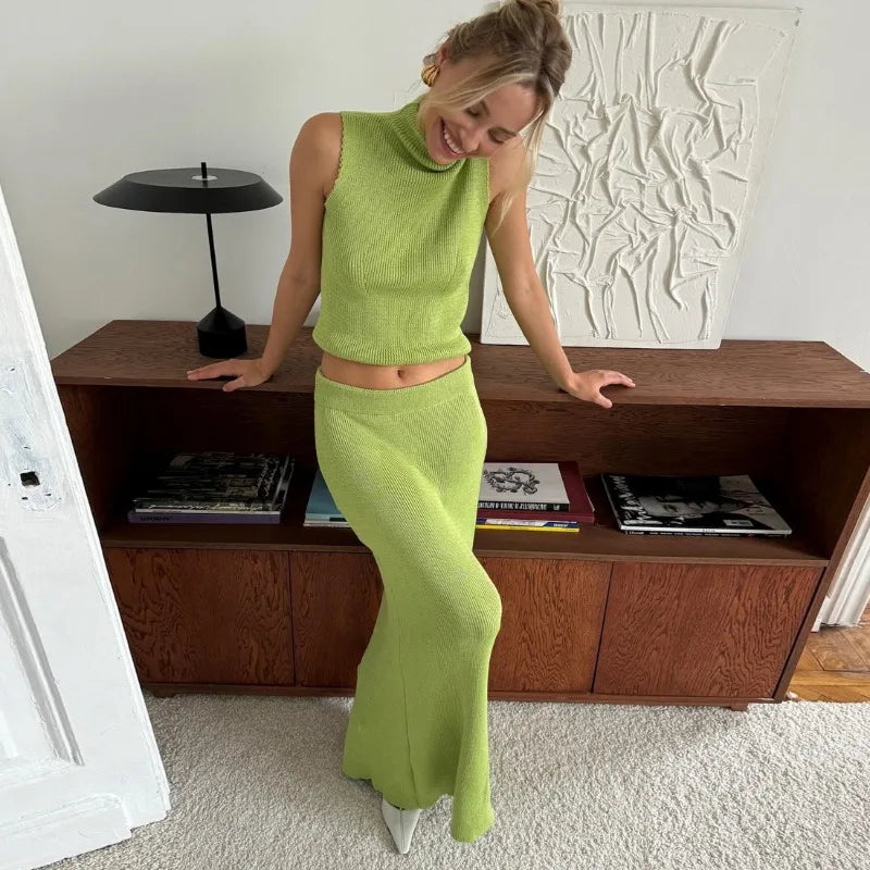 Elegant Long Skirt Two-piece Set Women's Sleeveless Knitted Turtleneck Vest and Skirt Set