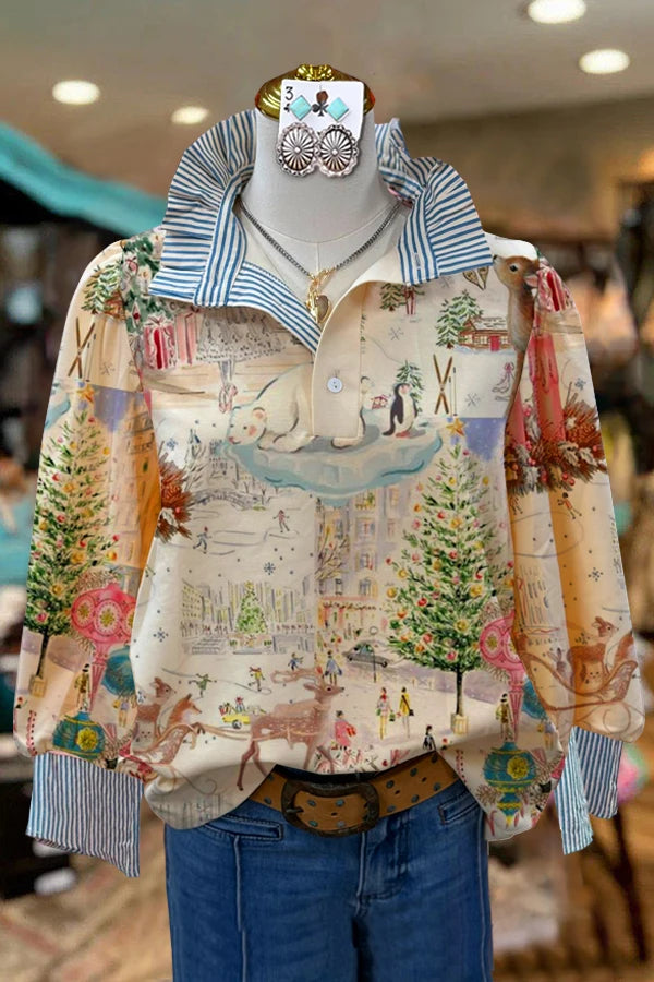 Vintage Striped Graphic Print Top Women Christmas Blouse