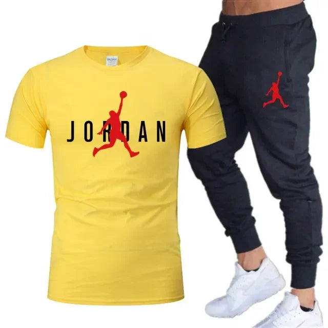 Summer Men's Tracksuit Suit Brand Short Sleeve T-Shirt + Trousers 2-Piece Sets Fitness Jogging Sports Pants Sportswear Suit