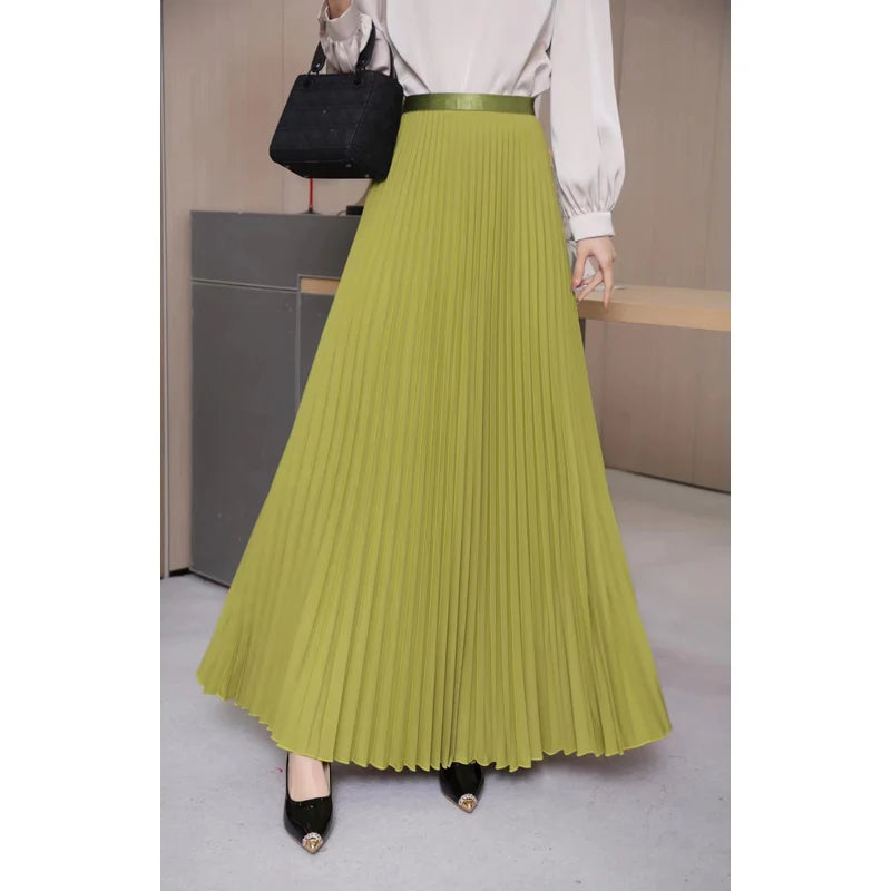 Casual Office  Pleated Skirt  Hight Waist Solid Long Skirt