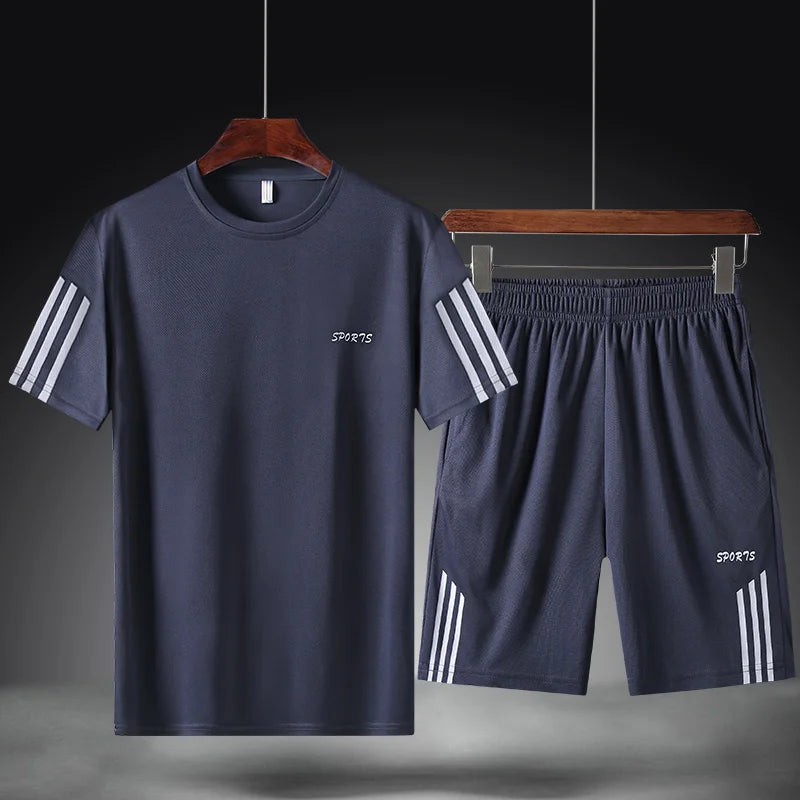 Summer Breathable Sports Suit Men's Short-Sleeved Shirt and Shorts Loose Quick Drying T-Shirt Short Quarter Pants Casual Running Suit