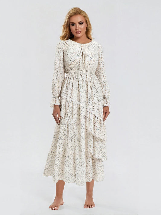 Women Plus Size Long Sleeve Dress Elegant O-Neck Belted Maxi Dress with Pockets