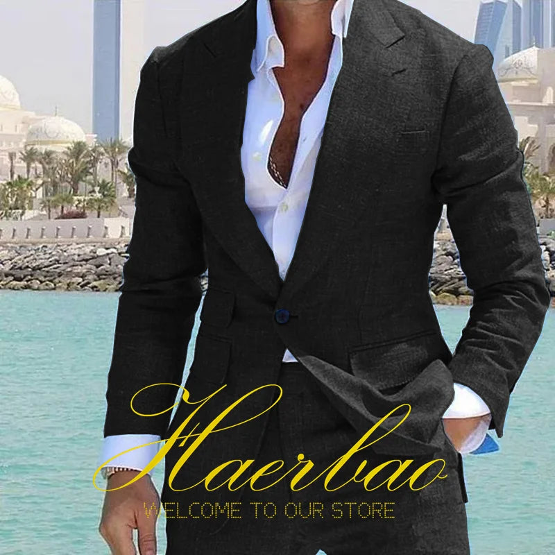 Summer Men's Linen Suit Set of 2 Wedding Groom Tuxedo Formal Lapel Jacket Pants Fashion Tailored Blazer for Men