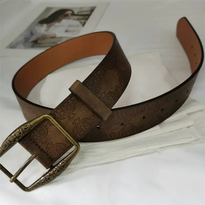 Pattern Print Retro Belts For Women Luxury Designer Brand Buckle Pin Waist Belt Female Pu Leather Fashion Waistband
