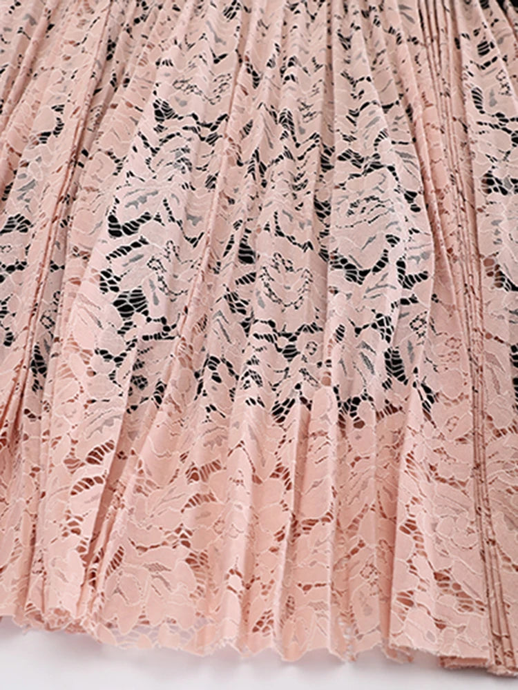 Lace Spliced Printing Pleated High Waist Loose Causal Colorblock Skirt