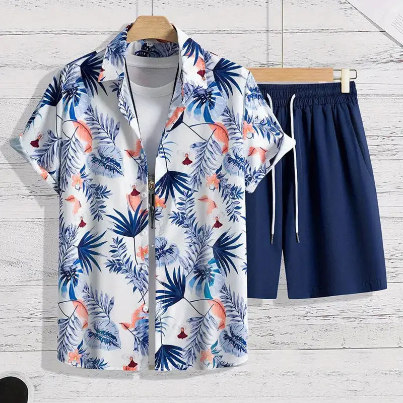 Fun 3D Flower Pattern Men's Hawaiian Shirt Sets Summer Short Sleeve Tops Beach Shorts 2 Piece Casual Vacation Outfit Clothing