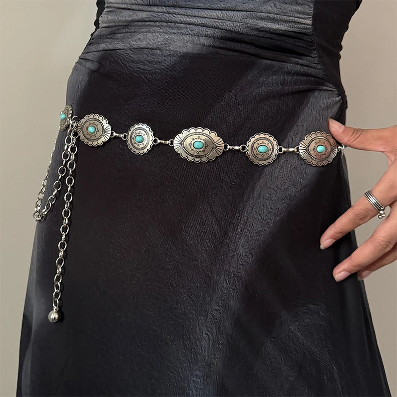 Fashion Silver Bohemian female circular waist chain luxury turquoise gemstone Ellipse chain belts for women