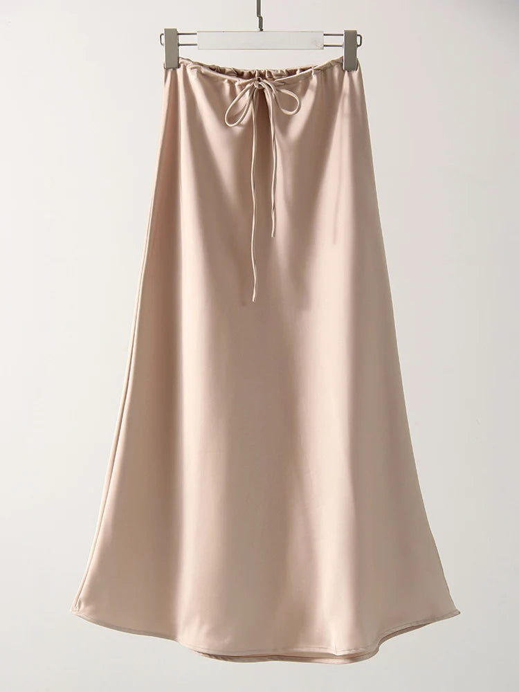 Long Satin Skirt  A Line Tie Up