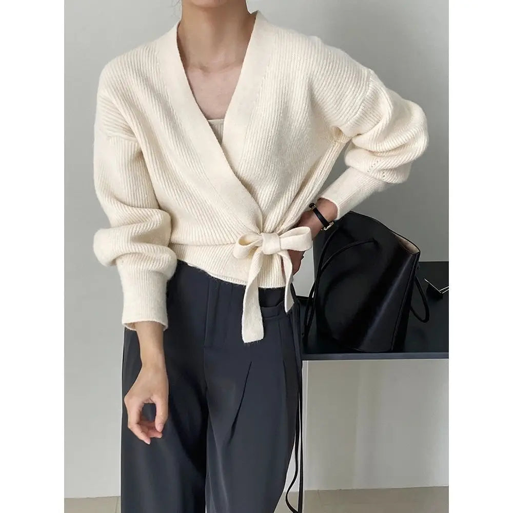 Bow Tie V-Neck Knit Women's Short High Waist Cardigan Sweater Coat Overlay Design Sense Top