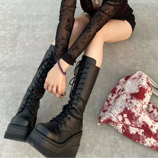 Gothic Fashion Round Toe Side Zipper Lace Up  Mid Calf Boots