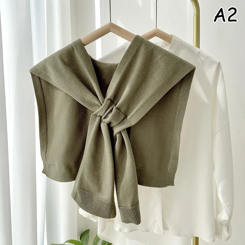 Neck Guard Scarf Solid Color Woman's Knitted Warm Shawl Winter Wool  Shoulders Fake Collar Cape Knotted Scarf
