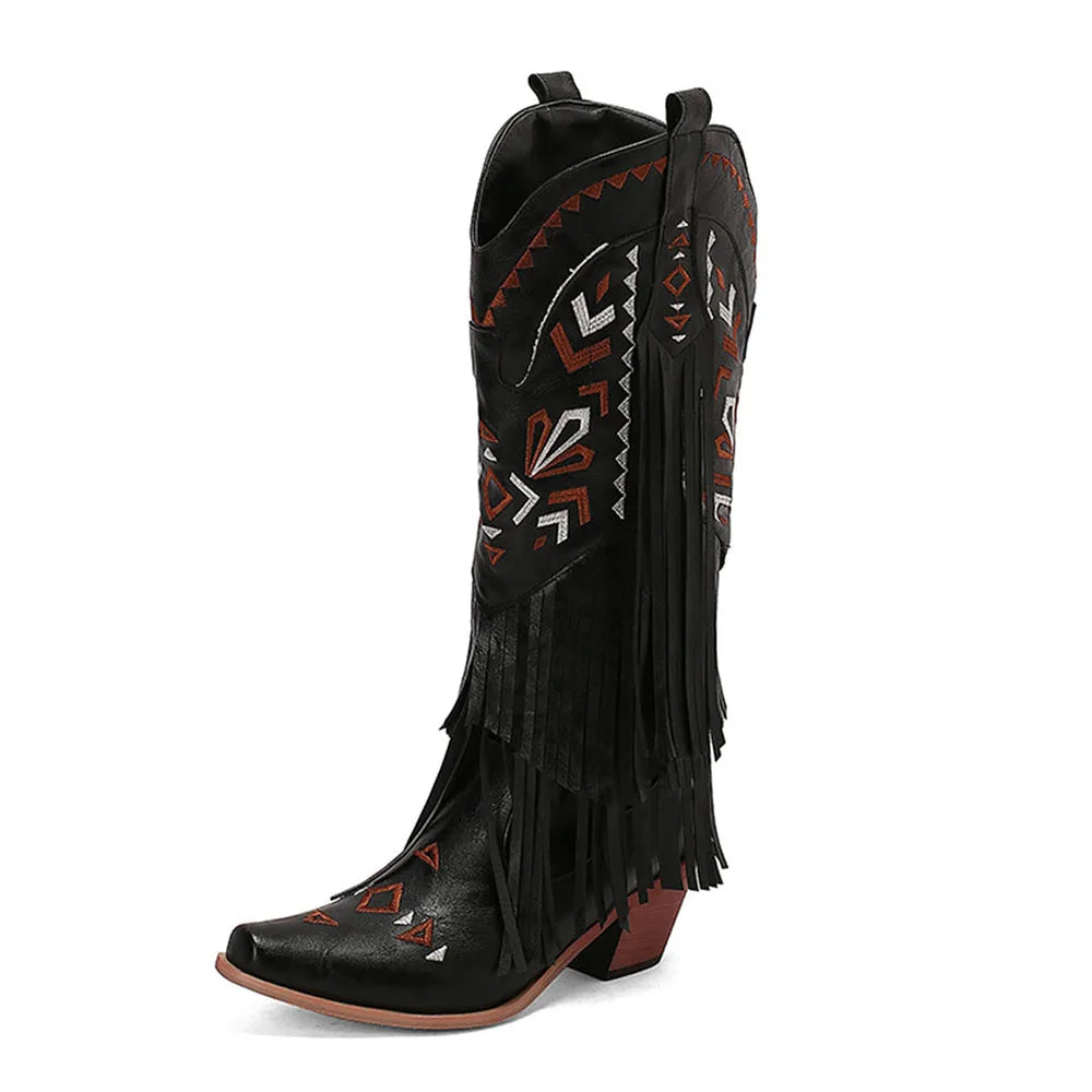 Retro Tassel Embroidered Cowgirl Mid-Calf  Western Boots Pointed Toe Chunky High Heel