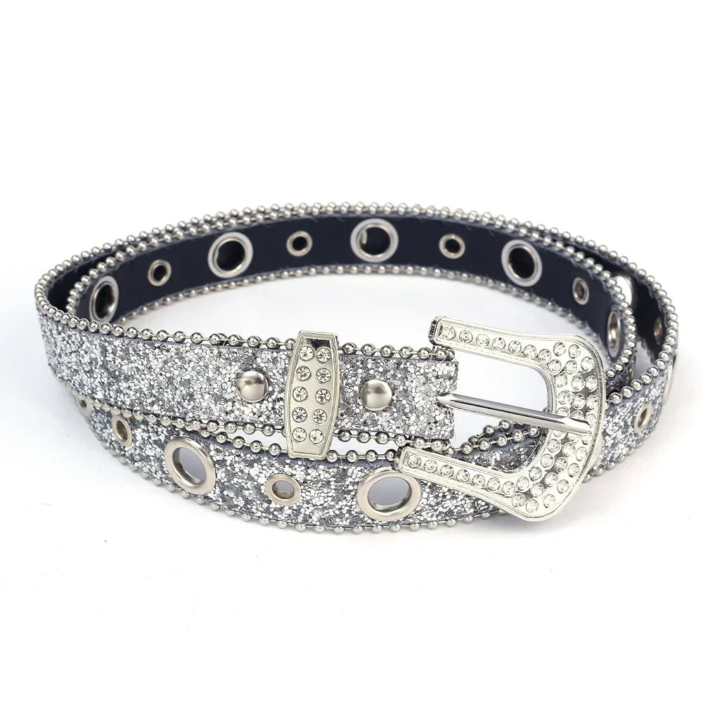 Women Fashion Solid Print Studded Full Rhinestone Belt PU Leather Bling Crystal Adjustable Glitter Waistband
