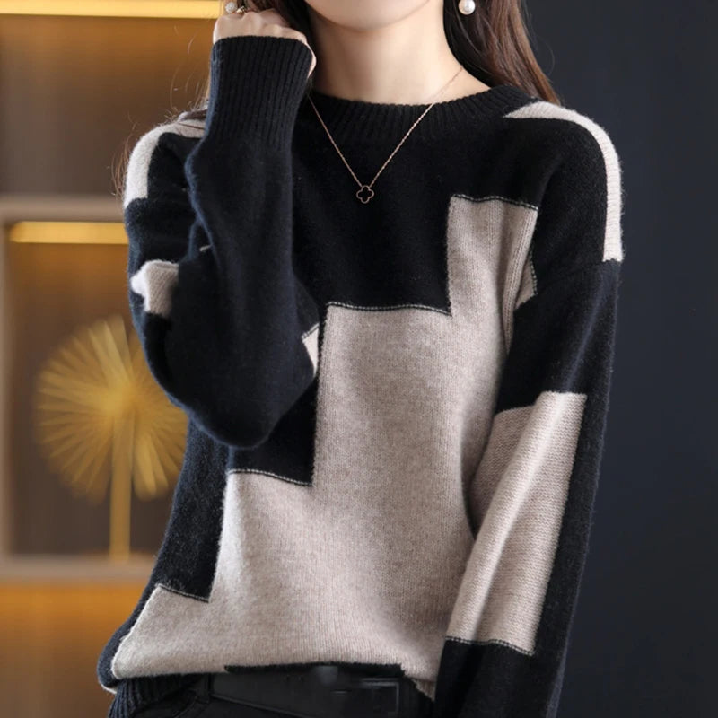 Women Patchwork Knit Warm Sweater Cashmere Long Sleeve Thermal Pullovers O-Neck Casual Loose Sweater Women Autumn Winter