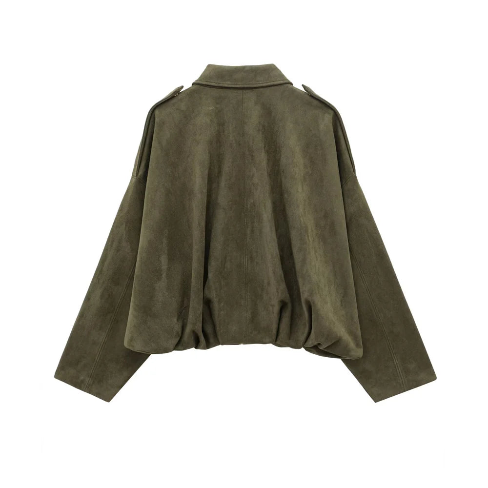 Women Faux Suede Collared Jacket with Shoulder Straps Loose Fit Stylish Olive Green