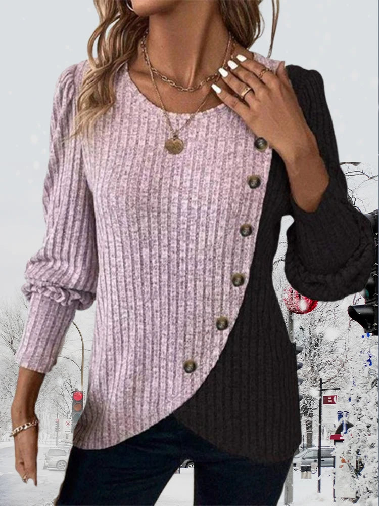 Long Sleeve Buttons Pit Striped Women Sweaters Contrast Color O-Neck Pullovers Loose Simple Knitted Clothing