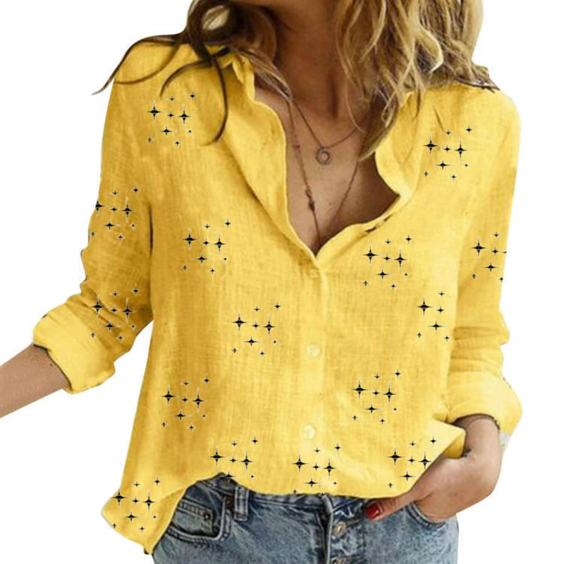 Elegant Cotton Linen Shirts Women Casual Solid Button Lapel Blouses Shirts  Long Sleeve Loose Tops