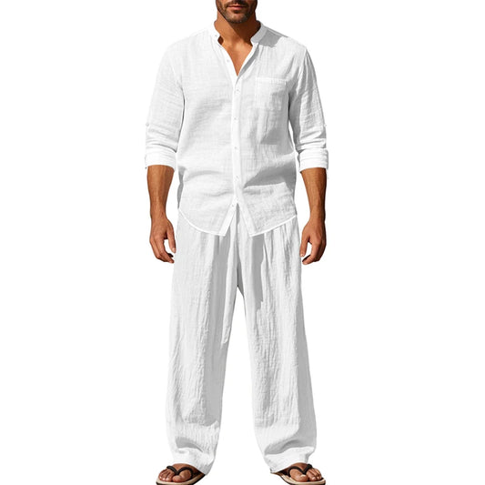 Spring/Summer New Men's Linen Casual Loose Breathable Long Sleeve Pants Shirt Beach Set