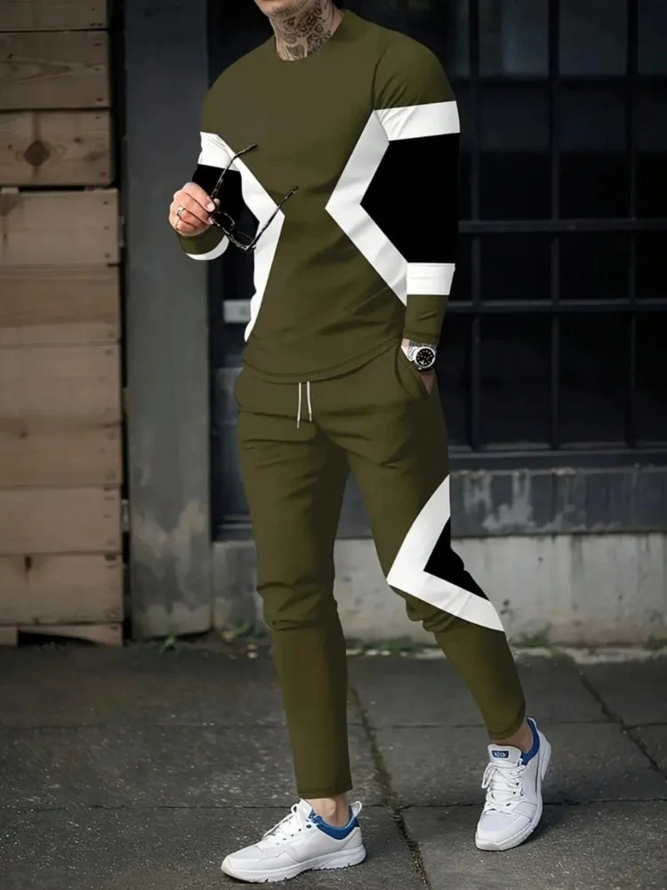 Simple Geometric Print Men's Fall Fashion Casual Crew-neck Tops And Pants Urban Street Fashion Trends Men's Tops And Long Styles