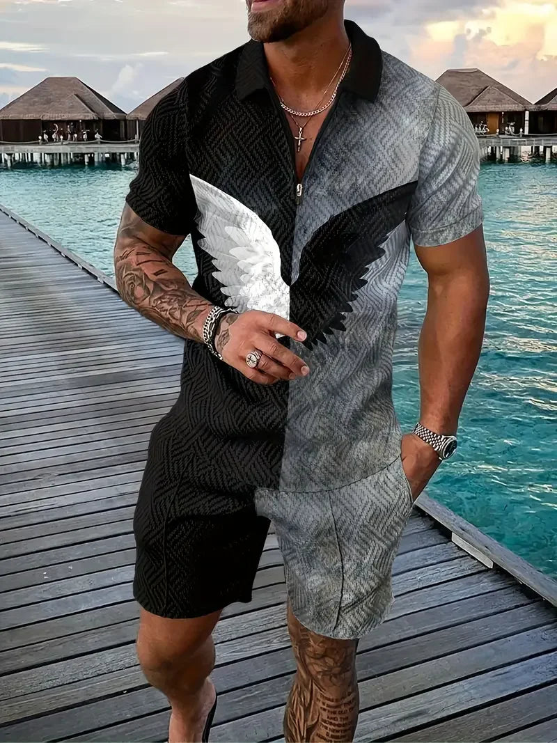 Zipper POLO Shirt Shorts Set Summer Fashion Casual Men's Sports Set 3D Printed Simple Style Lapel Zipper POLO Shirt 2 Sets