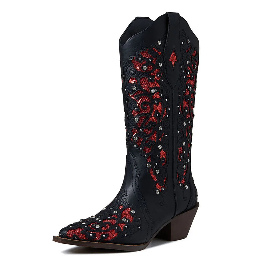 Rhinestone Western Mid-Calf Boots For Woman Block Mid Heel Pull-On Pointed Toe Hollow Out Retro Cowboy Boots