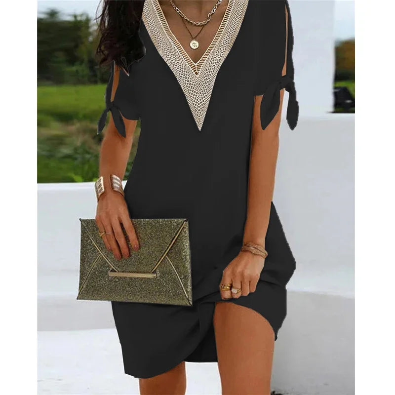 Summer Women Solid Color V-neck Dress Fashion Craft Cuff Split Bow Casual Loose Mini Party Dresses Holiday Street Wear
