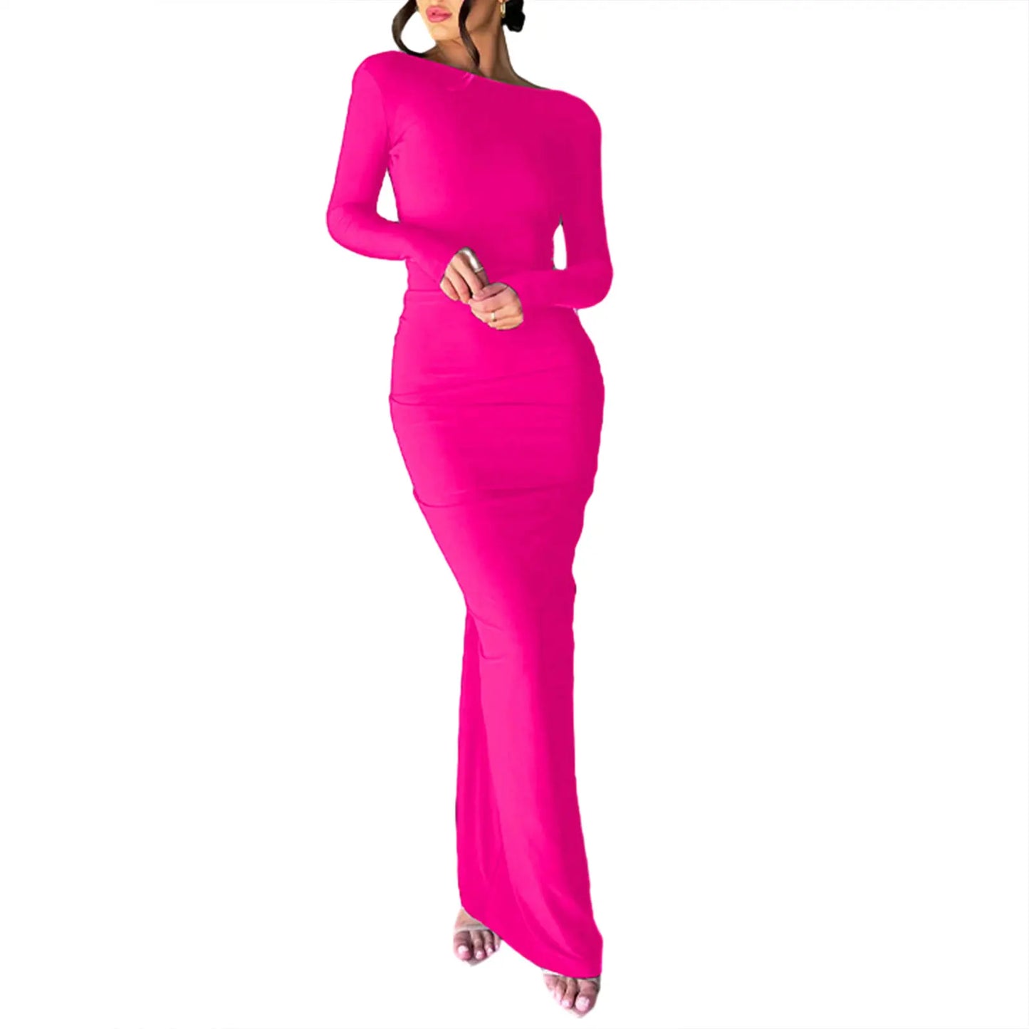 Long Bodycon Dress Solid Color Deep V-Neck Ruched Long Sleeve Dress