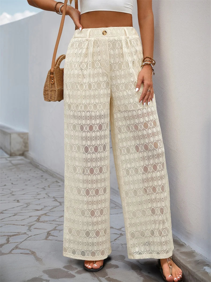 Women s Sheer Lace Palazzo Pants with High Waist and Side Pockets for a Stylish Streetwear Look