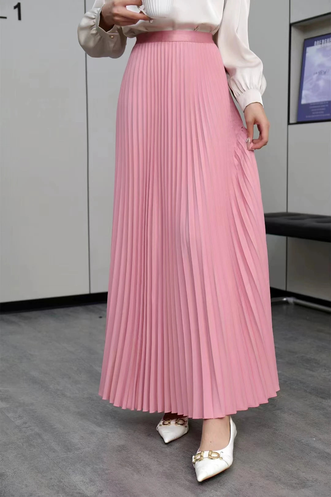 Elegant Pleated Skirt High Waist Women's Long Skirt Ladies High Quality Midi Skirt