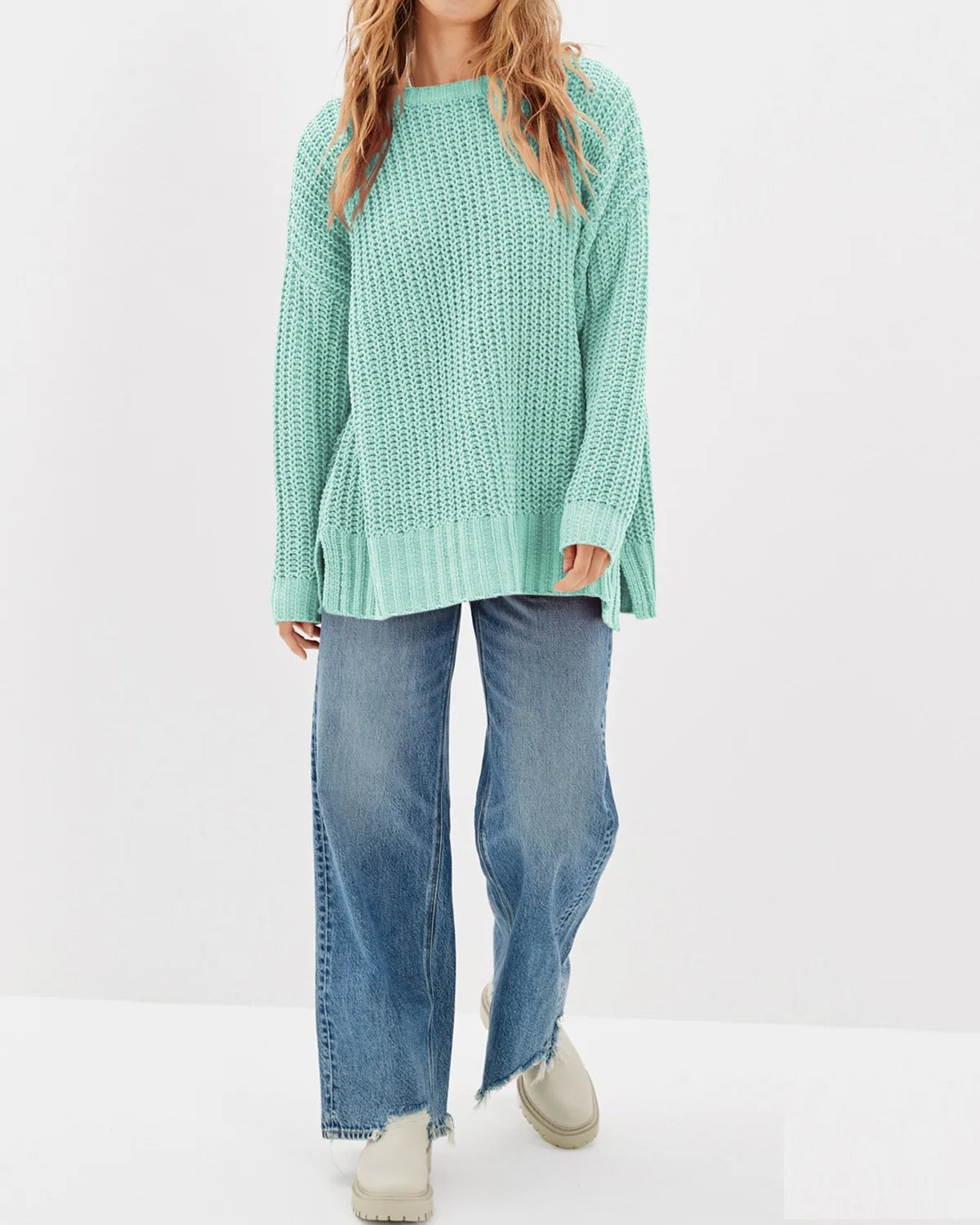 Womens Solid Knit Sweaters Oversized Crew Neck Long Sleeve Slouchy Ribbed Knitwear