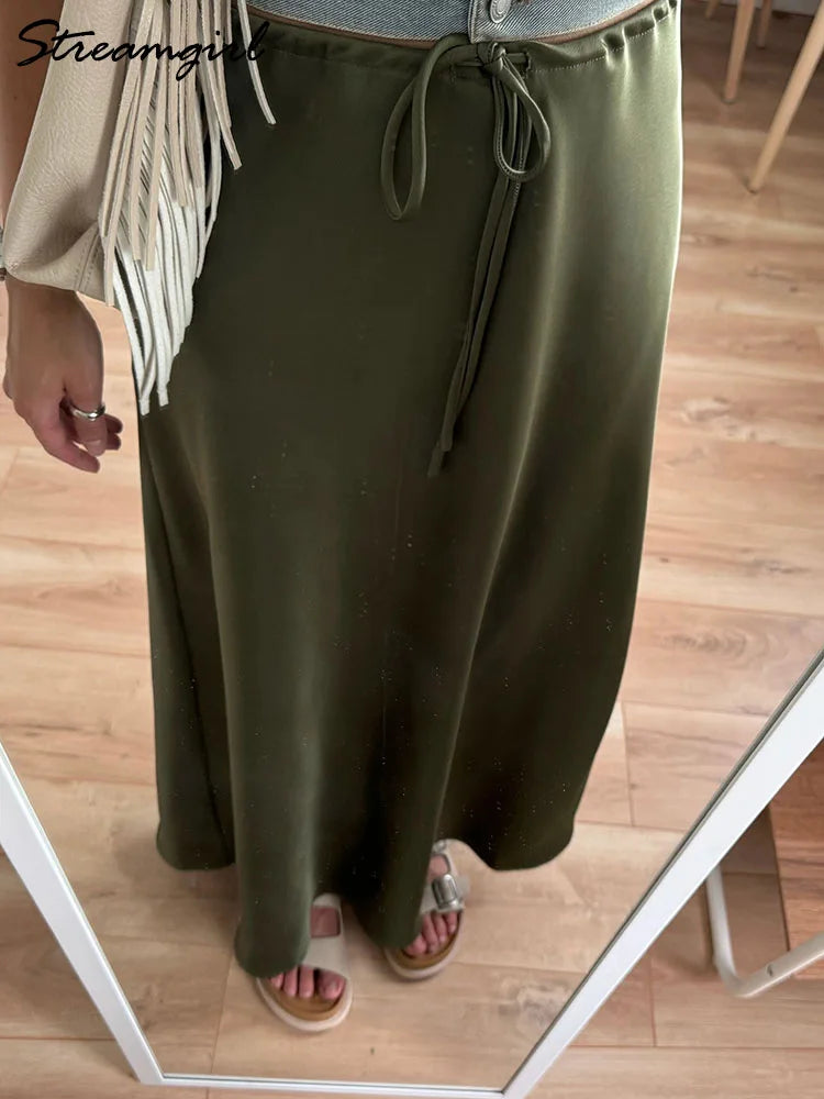 Long Satin Skirt  A Line Tie Up