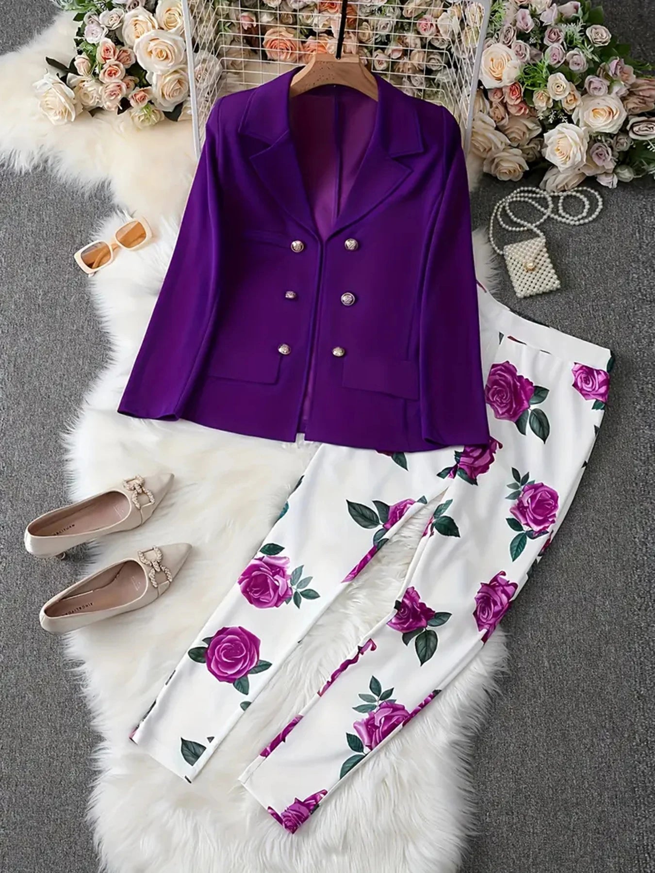 Ladies' Elegant Butterfly Print Two-Piece Set, Long Sleeved Lapel Suit Jacket and Slim Fit Pants, Suitable for Office and Work