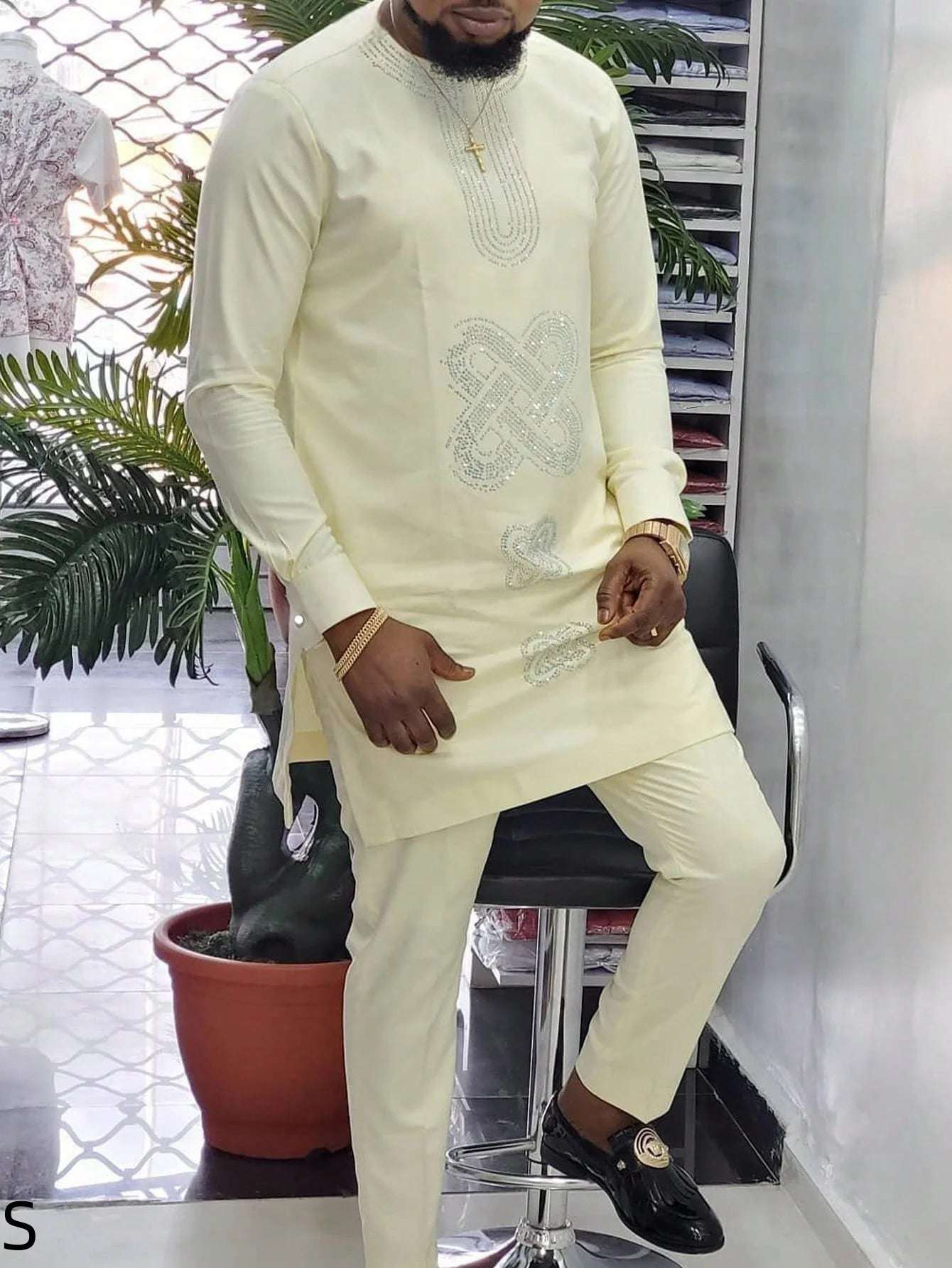 Men's  Wedding 2-Piece Suit Waist Pants Shirt Solid Color Panel Long Sleeve Party African Ethnic Style Clothing