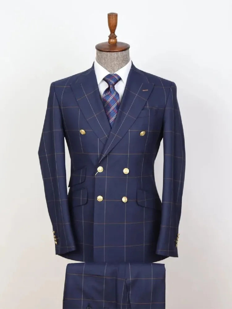 Gentlemen's Suit Tailor-Made 2 Pieces Plaid Gold Buttons Blazer Pants Double Breasted Wedding Groom Prom Tailored