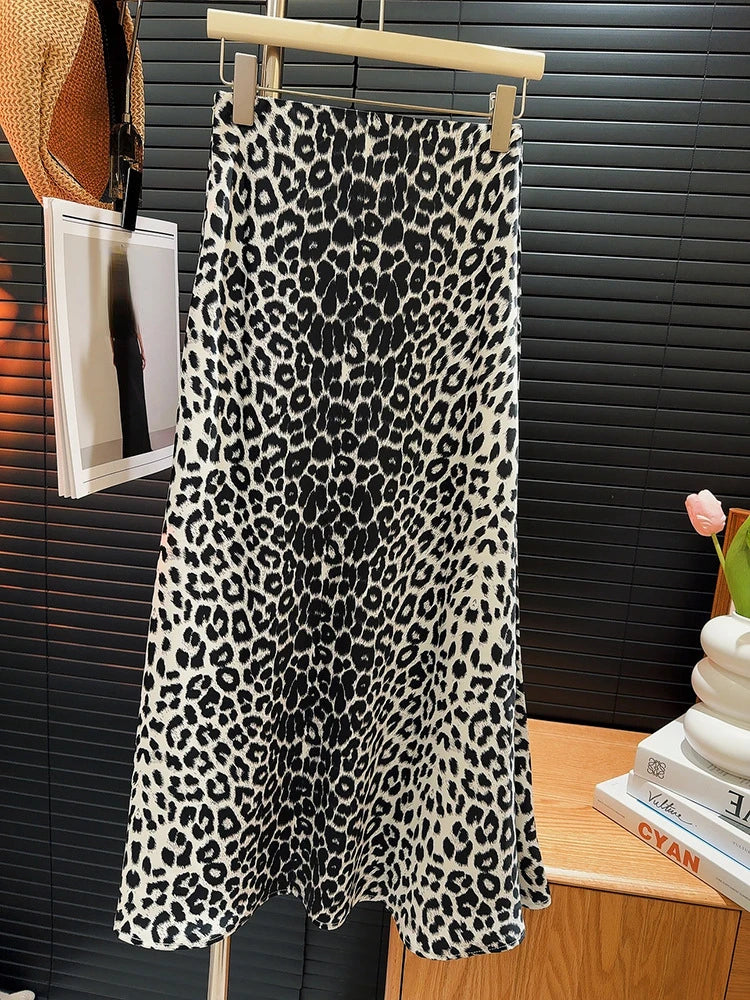 Satin Vintage Leopard  Skirt  A-line Fashion  High Waist  Mermaid Long