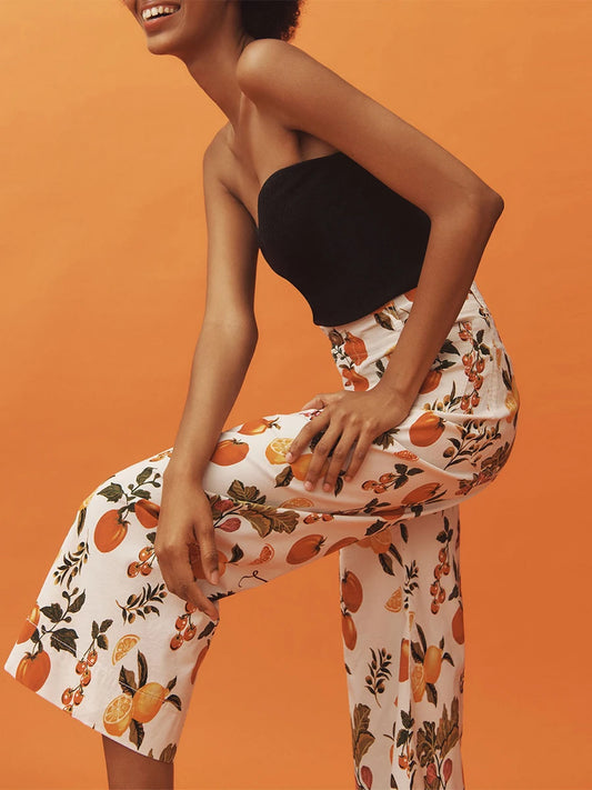 Women High Waisted Wide Leg Denim pants with Fun Floral Print Detailing for Chic Office and Street Style Wear