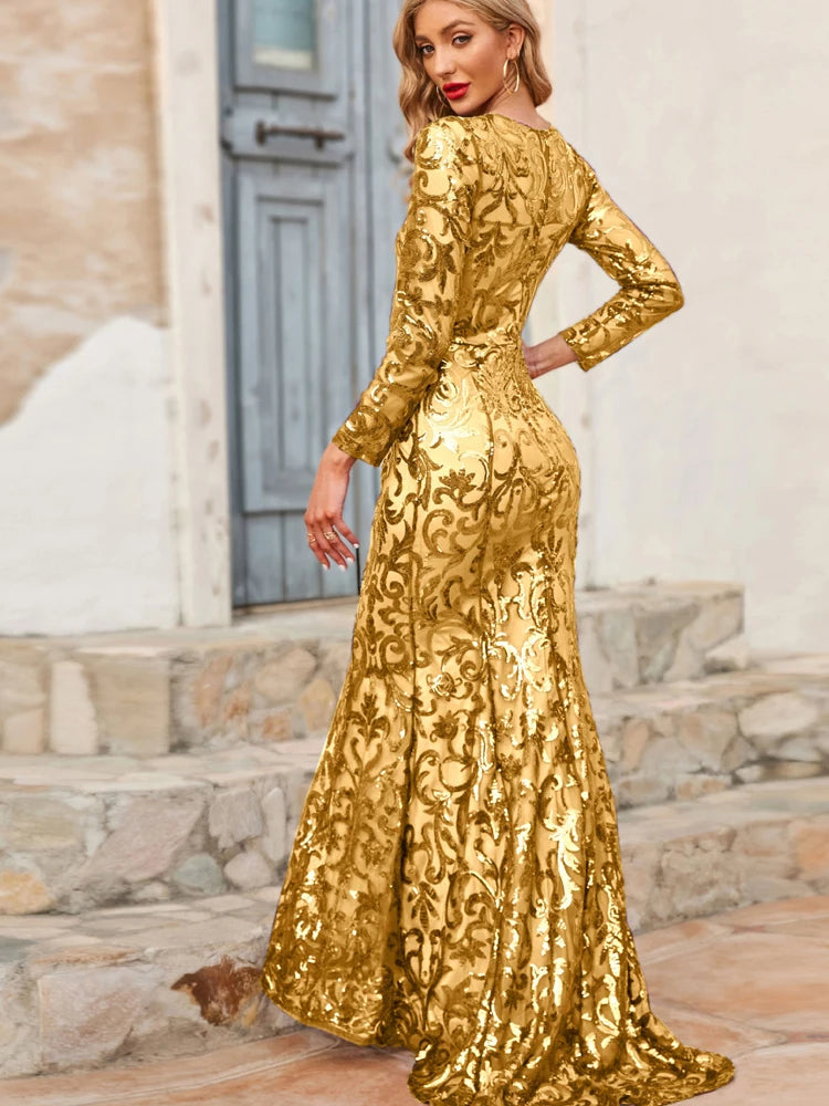 Sequined Silk Diamond Long Bodycon Dress