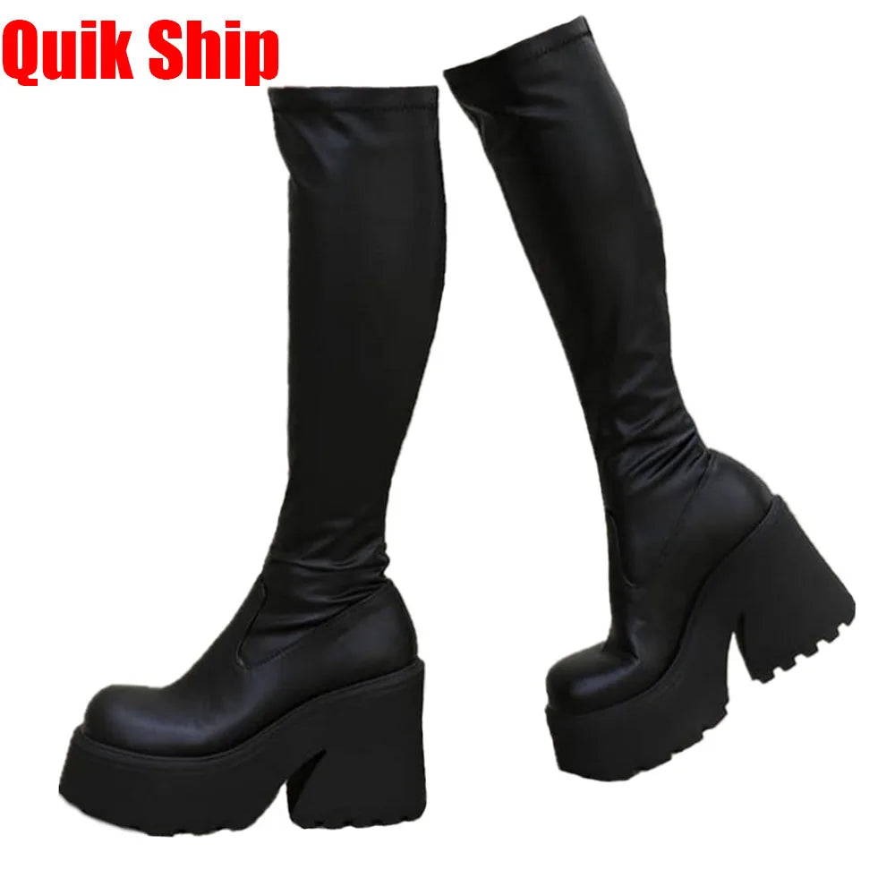 Chunky High Heeled Punk Platform Boots  Round Toe Pull-on Long Boots Knee High Boots