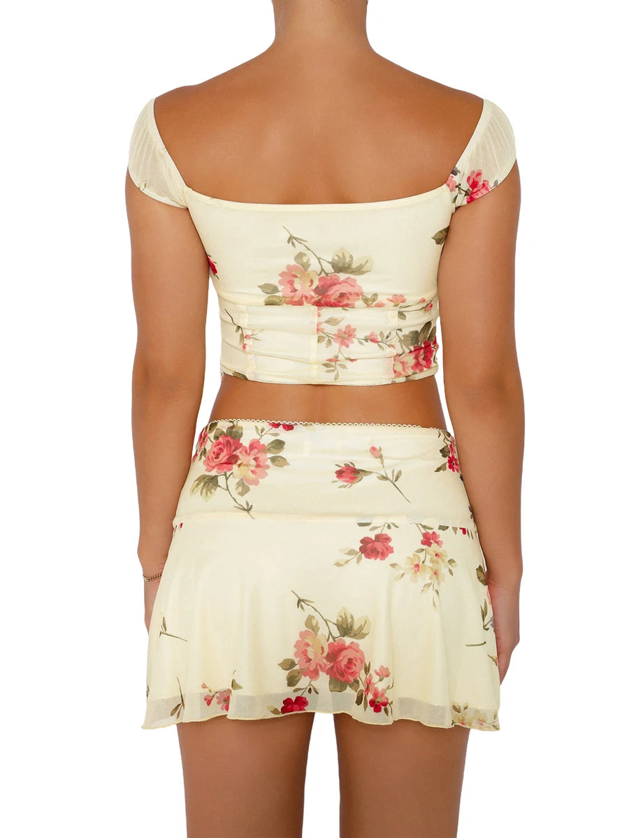 Women s Matching Set Cap sleeve Ruffle Crop Top and High Waisted Shorts Floral Print Summer Outfit