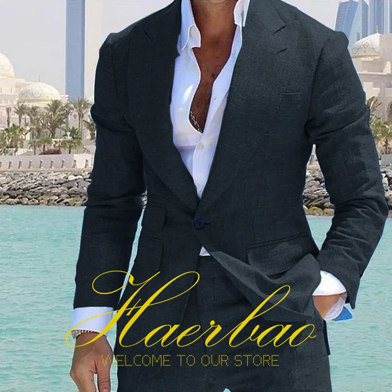 Summer Men's Linen Suit Set of 2 Wedding Groom Tuxedo Formal Lapel Jacket Pants Fashion Tailored Blazer for Men