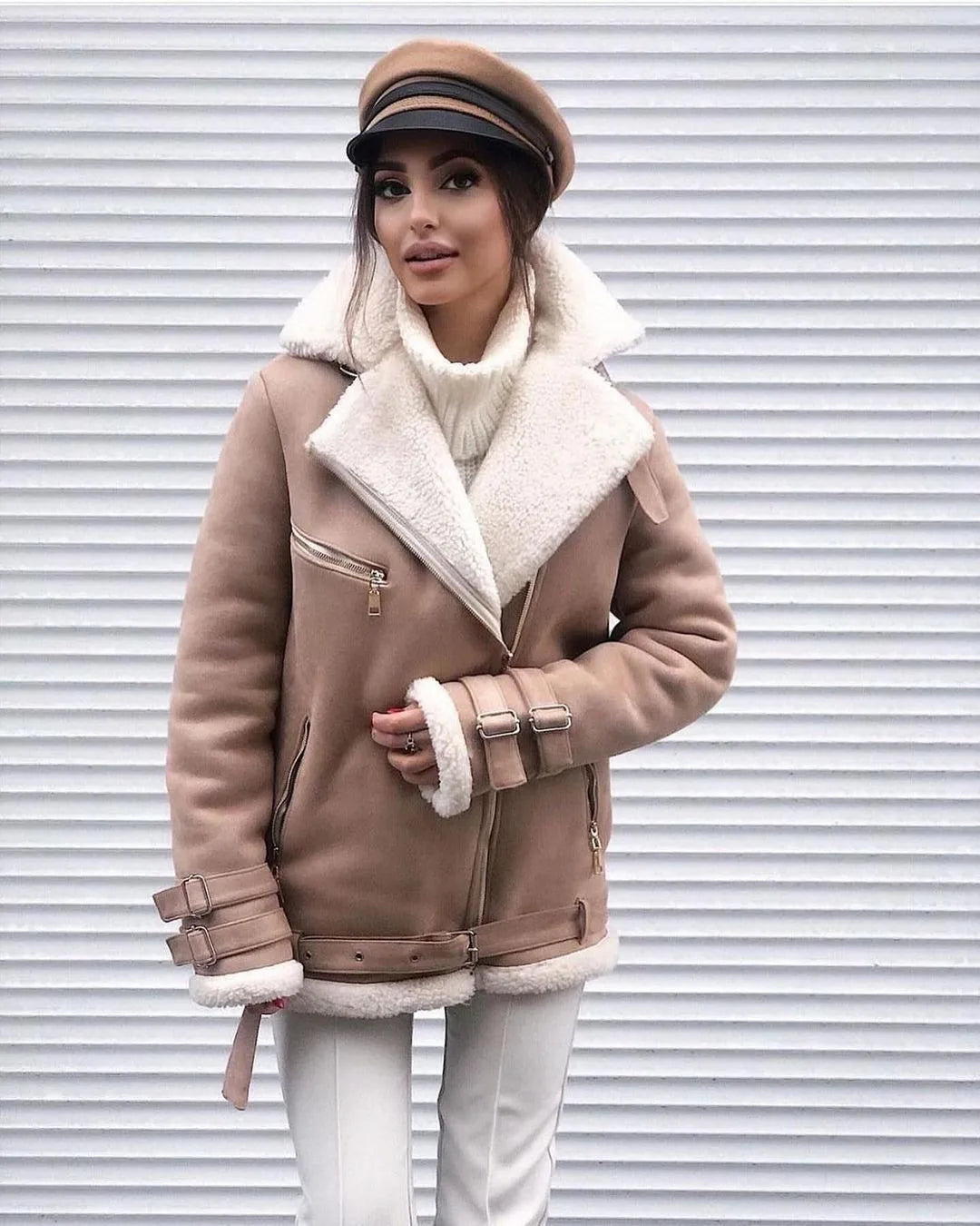 Classic Bomber Jacket Warm Fashion Shearling Winter Coat