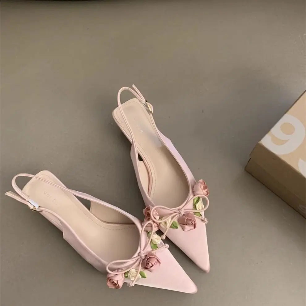 French Style Matching Skirt with High Heels Shoes Exquisite Sandals Flower Decoration Elegant Sandals