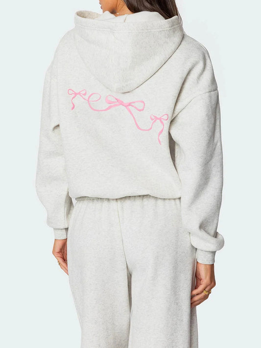 Women s 2 Piece Stylish Outfits Long Sleeve Bow Embroidered Sweatshirt Solid Color Jogger Pants Sets for Casual Wear